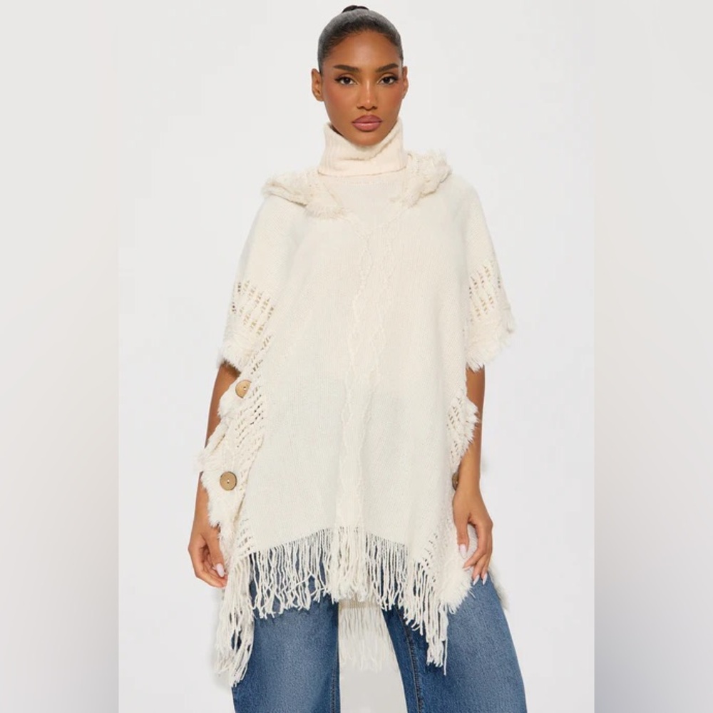 Fashion Nova Cream Button-Accent Poncho